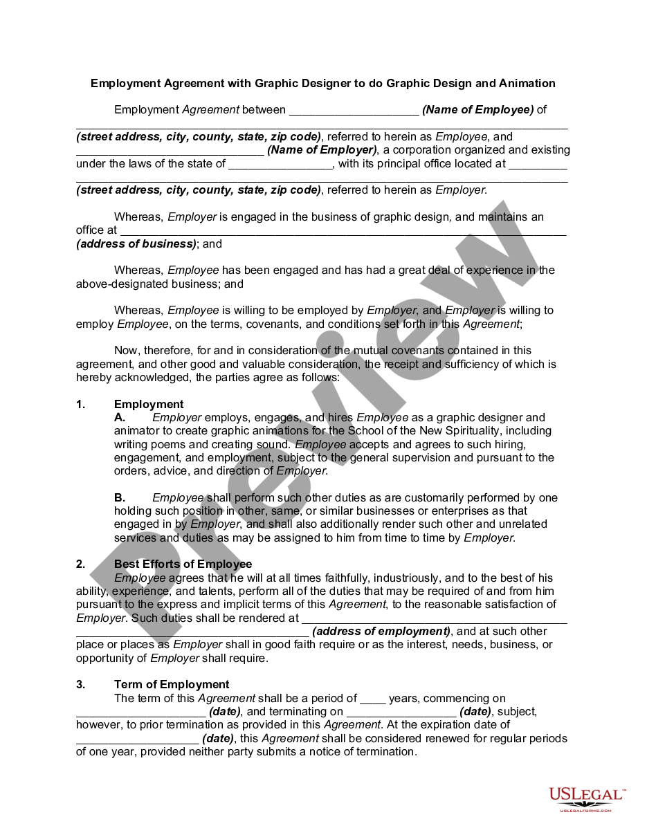 page 0 Employment Agreement with Graphic Designer to do Graphic Design and Animation preview