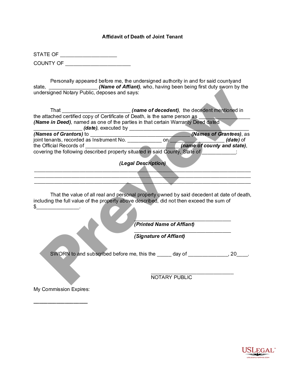 form Affidavit of Death of Joint Tenant preview