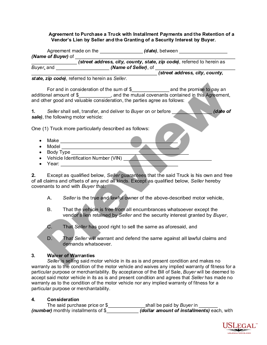 page 0 Agreement to Purchase a Truck with Installment Payments and the Retention of a Vendor's Lien by Seller and the Granting of a Security Interest by Buyer preview