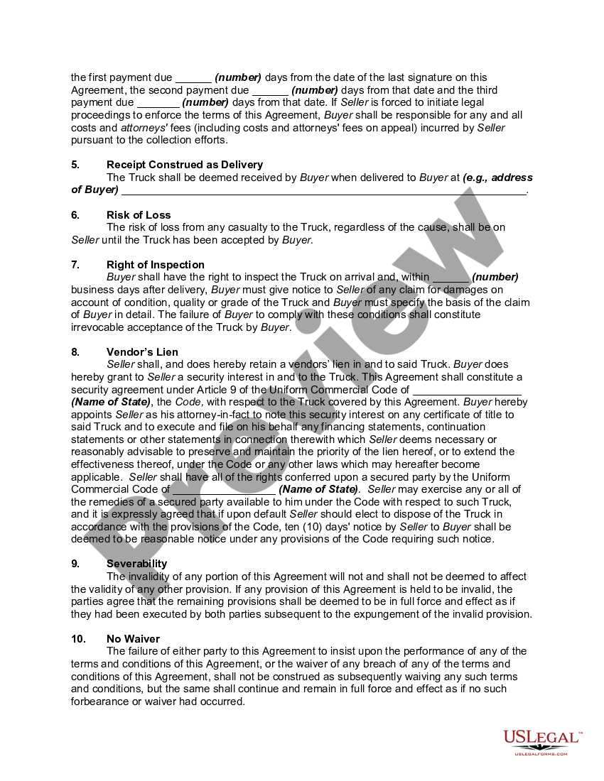 page 1 Agreement to Purchase a Truck with Installment Payments and the Retention of a Vendor's Lien by Seller and the Granting of a Security Interest by Buyer preview