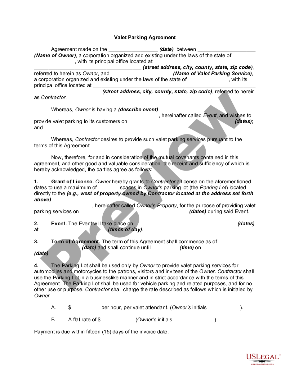 Valet Parking Agreement Valet Trash Contract Template US Legal Forms