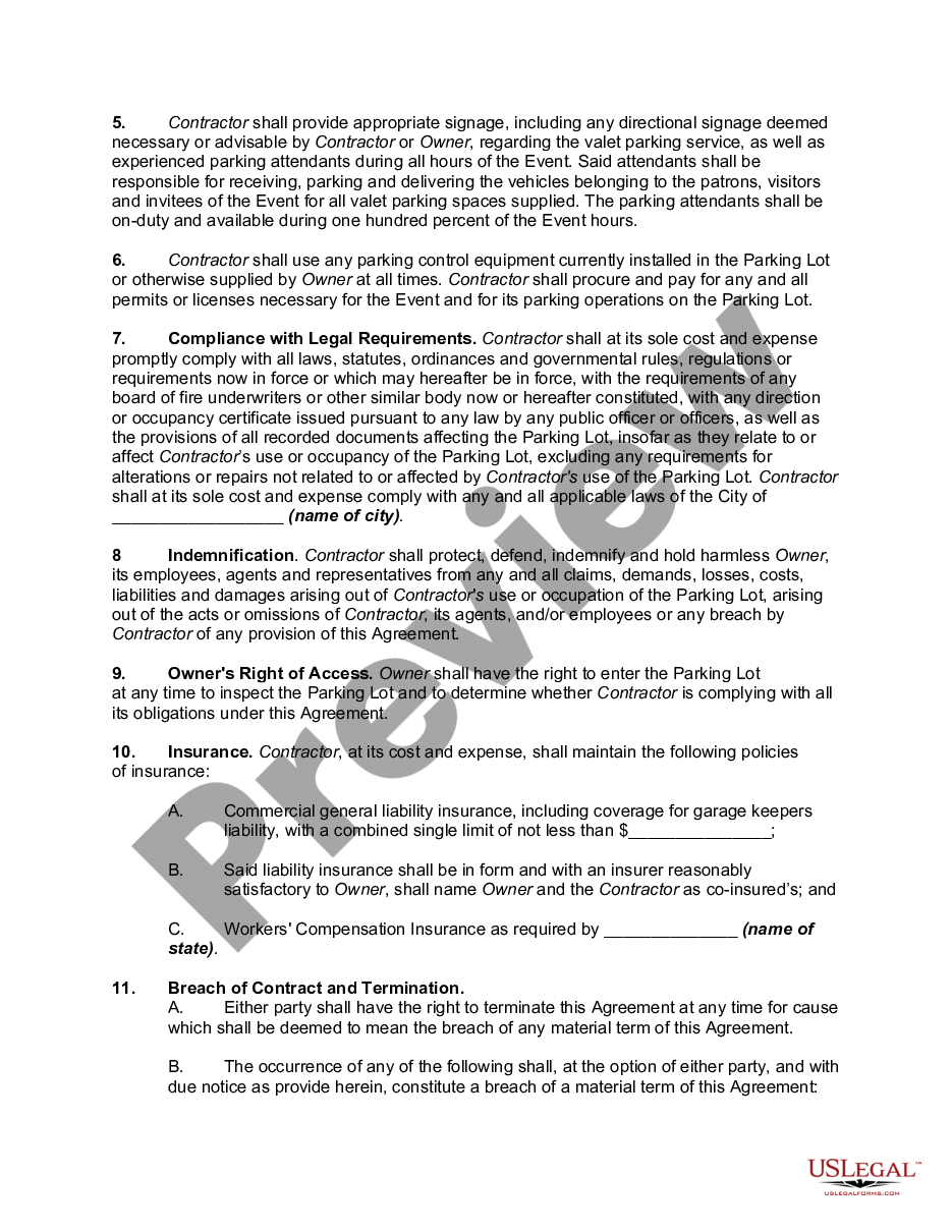Valet Parking Agreement Valet Trash Contract Template US Legal Forms