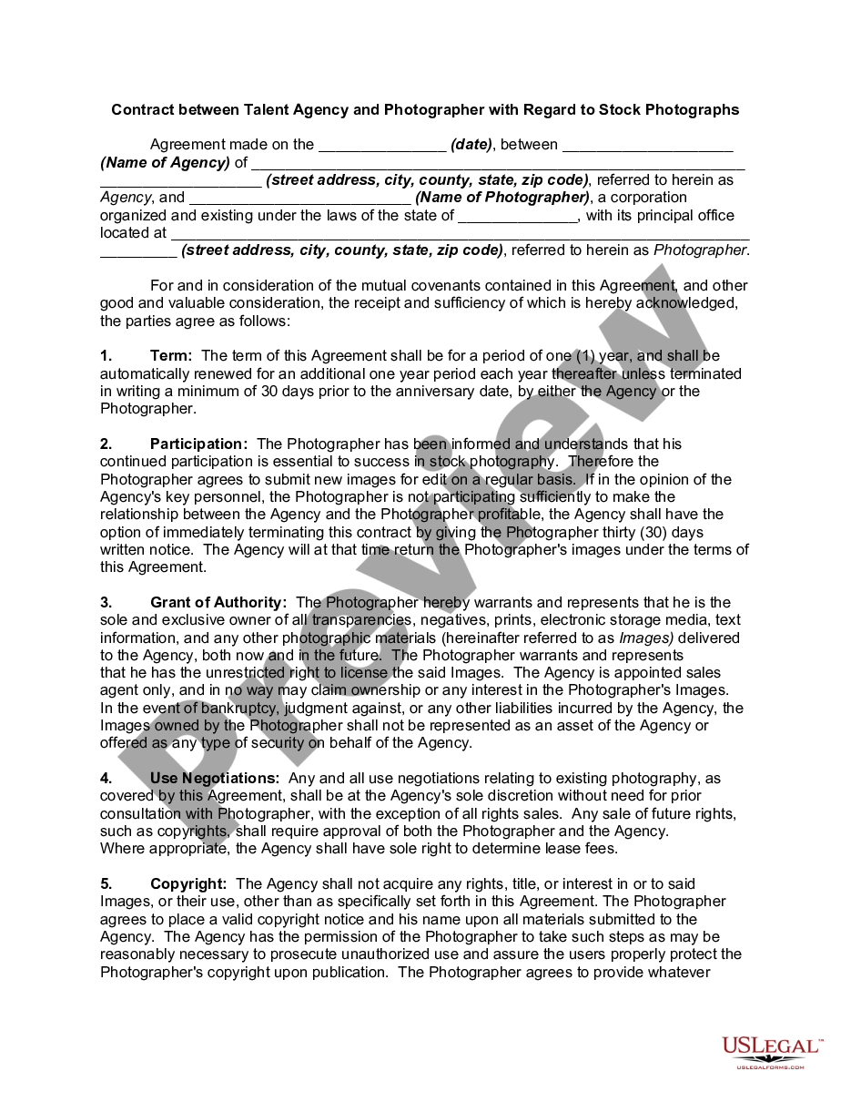 page 0 Contract between Talent Agency and Photographer with Regard to Stock Photographs preview