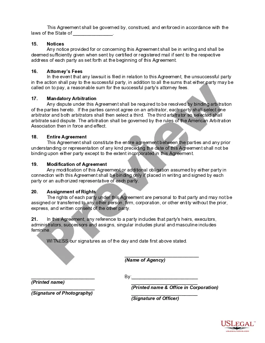 Preview Contract between Talent Agency and Photographer with Regard to Stock Photographs
