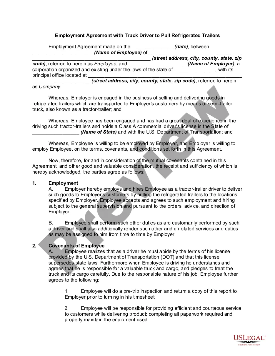 Employment Agreement with Truck Driver to Pull Refrigerated Trailers
