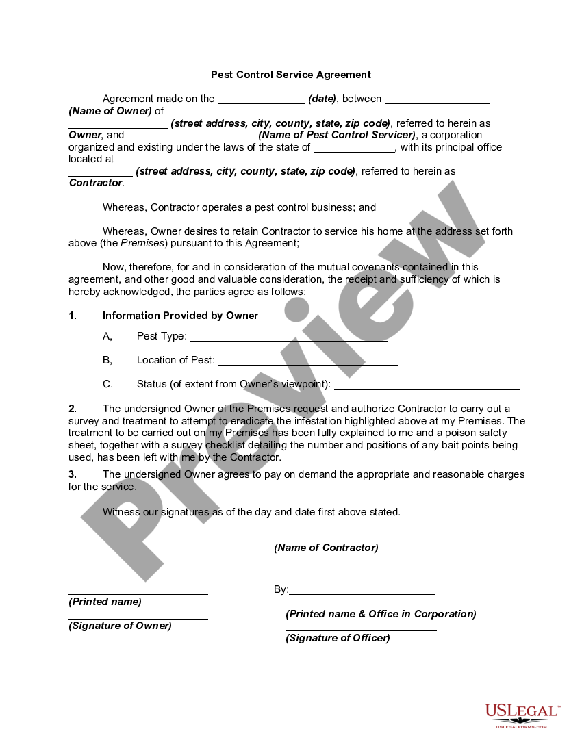 Idaho Pest Control Service Agreement Pest Control Agreement US