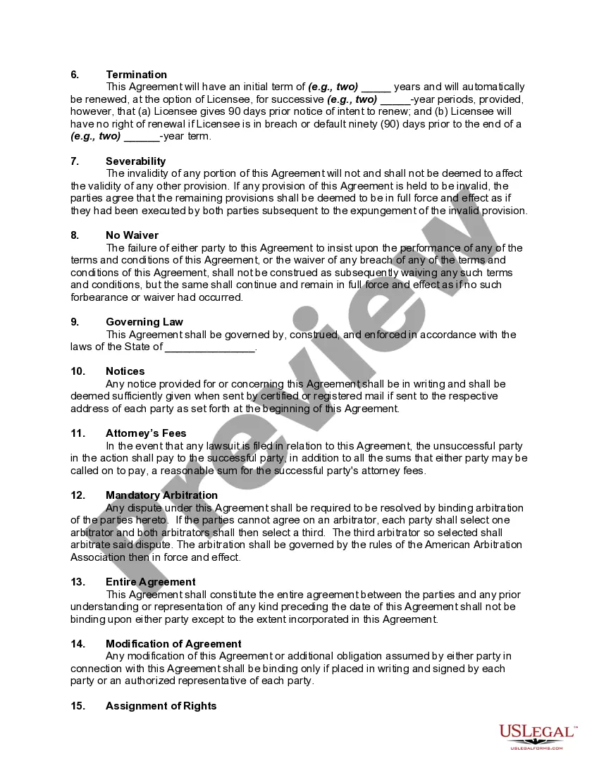 Preview License Agreement with regard to use of Trademark in Connection with a Manufactured Product