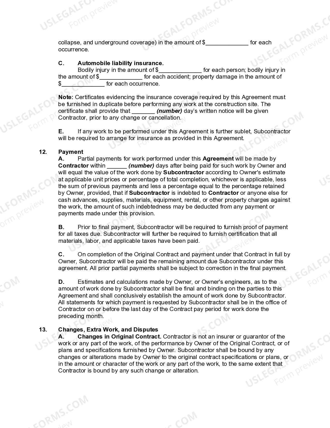 Preview Subcontractor Agreement for Insurance