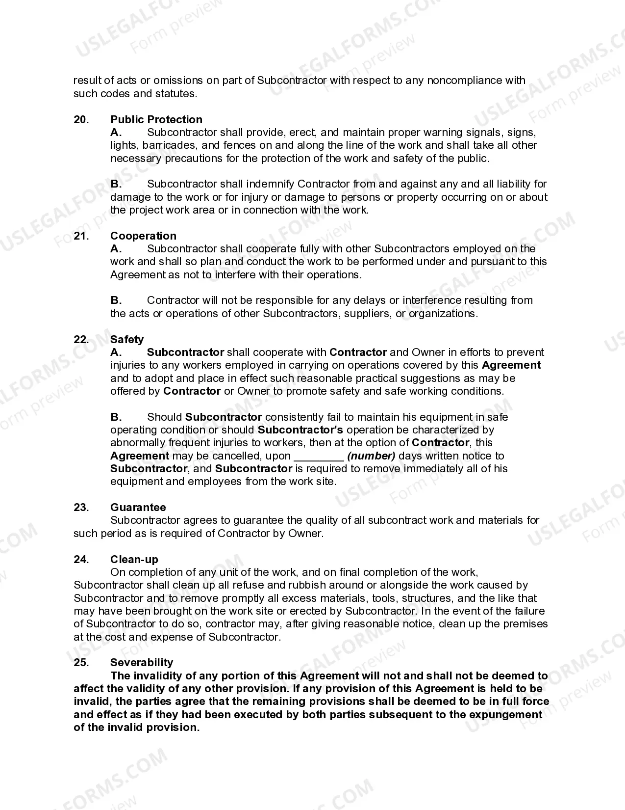 Preview Subcontractor Agreement for Cleaning Service