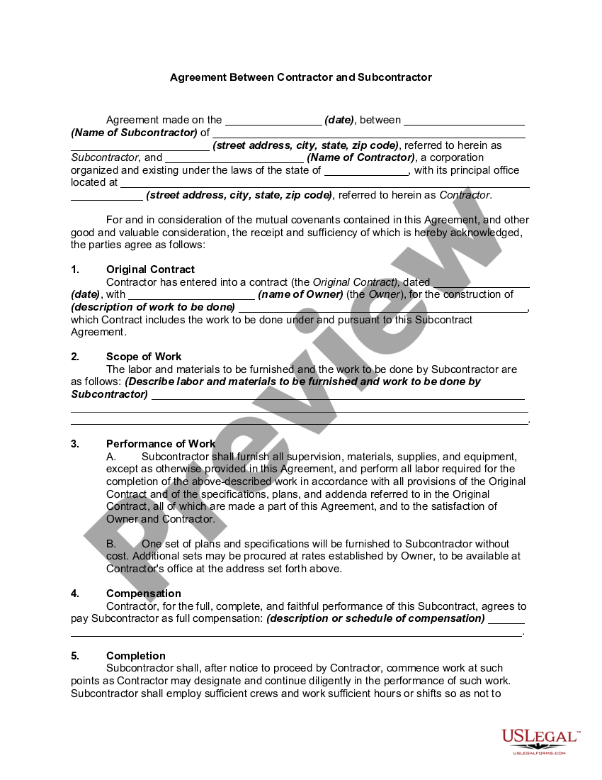 Agreement Between Contractor and Subcontractor Agreement Between