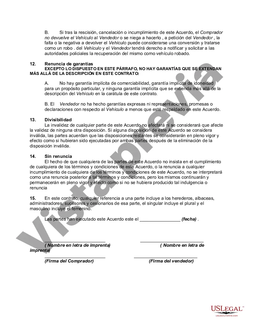 Preview Acuerdo de Venta Condicional de Automóvil entre Particulares y Asunción de Endeudamiento Pendiente