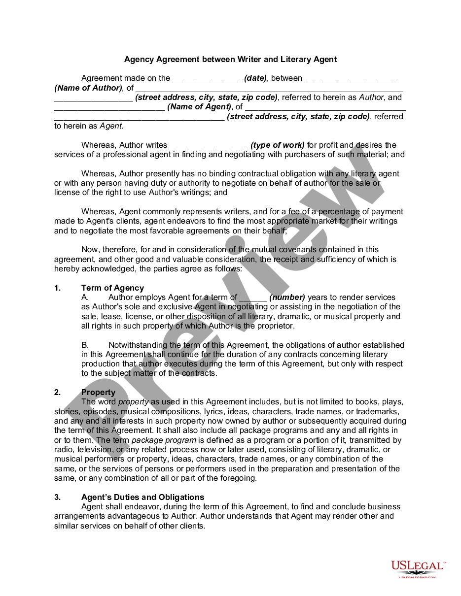 page 0 Agency Agreement between Writer and Literary Agent preview