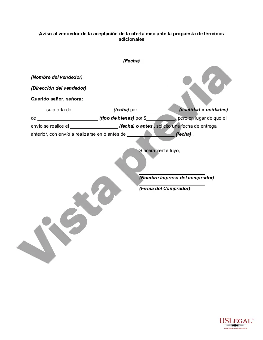 Preview Aviso al vendedor de la aceptación de la oferta mediante la propuesta de términos adicionales
