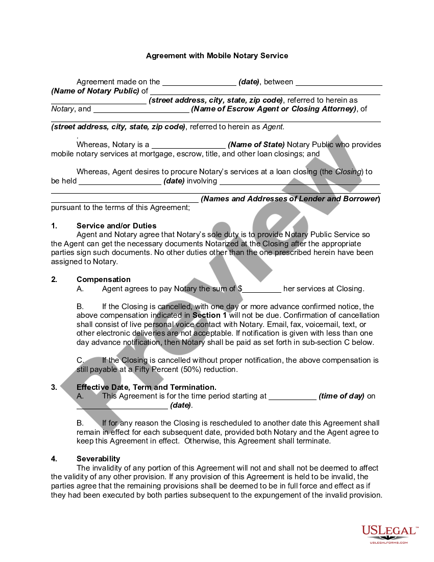 Agreement With Mobile Notary Service Mobile Notary Us Legal Forms 1590