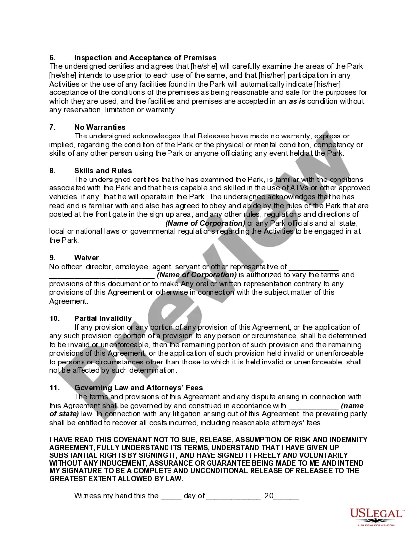 Get Covenant not to Sue, Release, Assumption of Risk and Indemnity Agreement by User of Recreational Sports Vehicle in Park Preview Covenant not to Sue, Release, Assumption of Risk and Indemnity Agreement by User of Recreational Sports Vehicle in Park