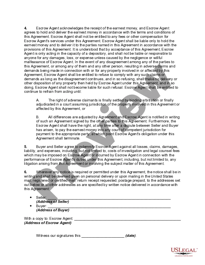 Get Escrow Agreement for Sale of Real Property with regard to Deposit of Earnest Money Preview Escrow Agreement for Sale of Real Property with regard to Deposit of Earnest Money