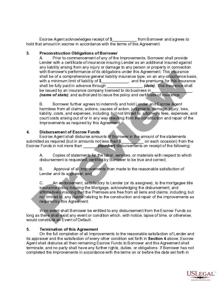 Preview Escrow Agreement - Deposit to Fund the Completion of Construction of Property Covered by Mortgage