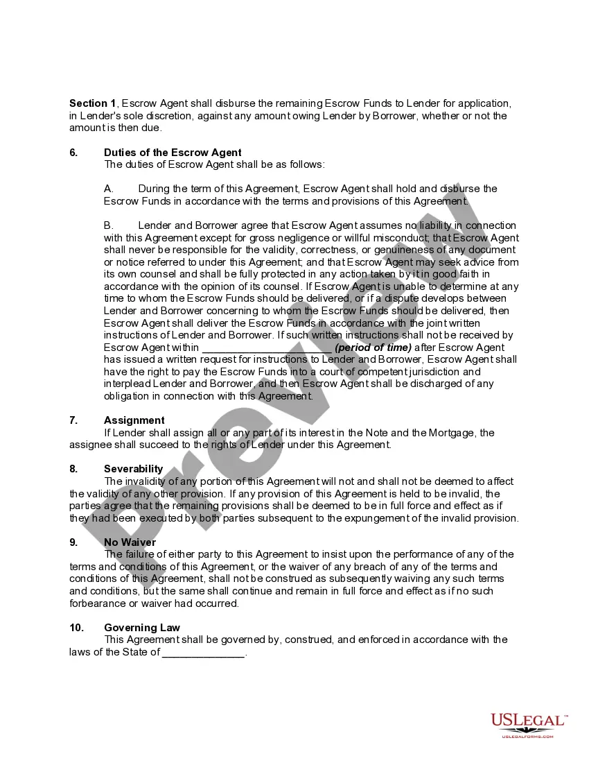 Preview Escrow Agreement - Deposit to Fund the Completion of Construction of Property Covered by Mortgage