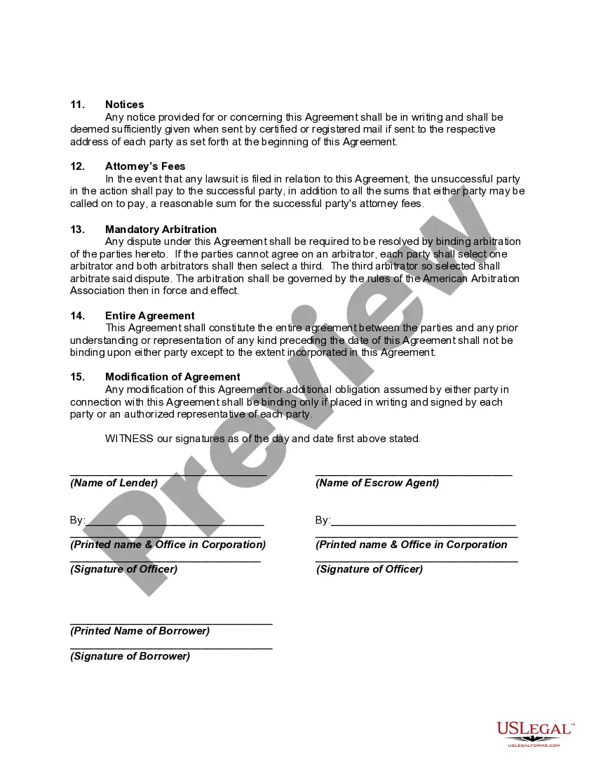 Preview Escrow Agreement - Deposit to Fund the Completion of Construction of Property Covered by Mortgage