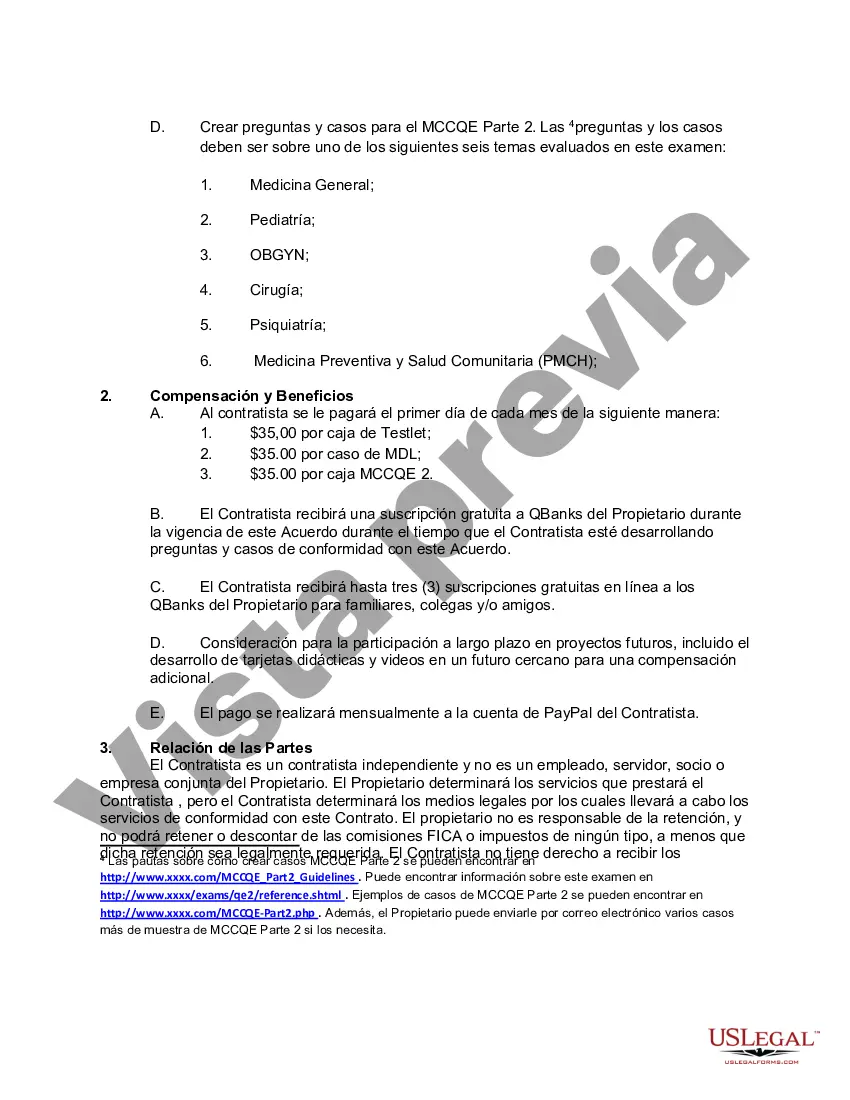 Preview Acuerdo con un contratista independiente para desarrollar preguntas y casos de exámenes para el sitio web que brinda servicios de preparación de exámenes para exámenes de licencias médicas