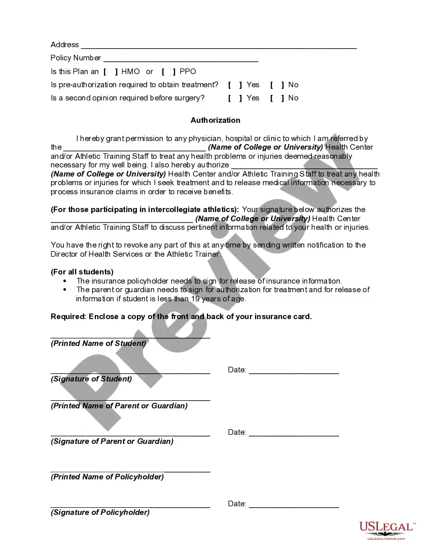 Get Identification of Insurance for College or University and Authorization Preview Identification of Insurance for College or University and Authorization