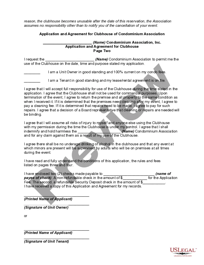 Get Application and Agreement for Clubhouse of Condominium Association Preview Application and Agreement for Clubhouse of Condominium Association