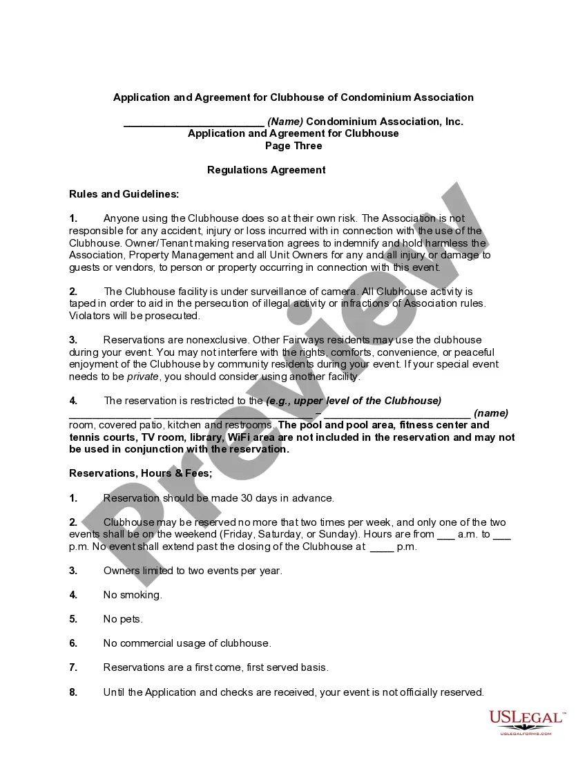 Get Application and Agreement for Clubhouse of Condominium Association Preview Application and Agreement for Clubhouse of Condominium Association