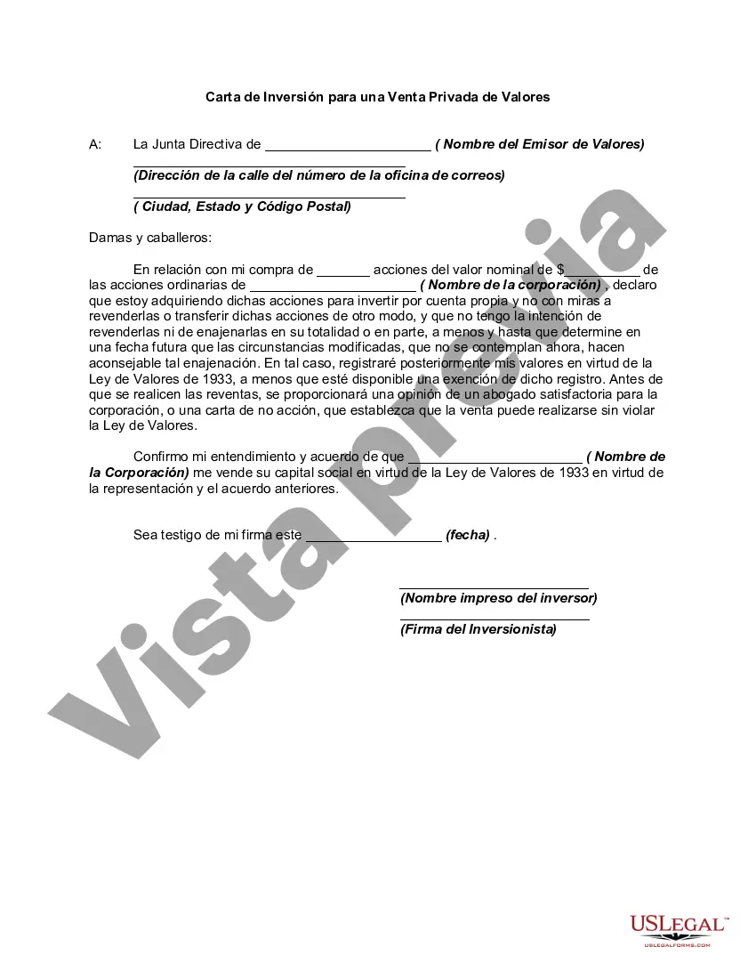 Preview Carta de Inversión para una Venta Privada de Valores