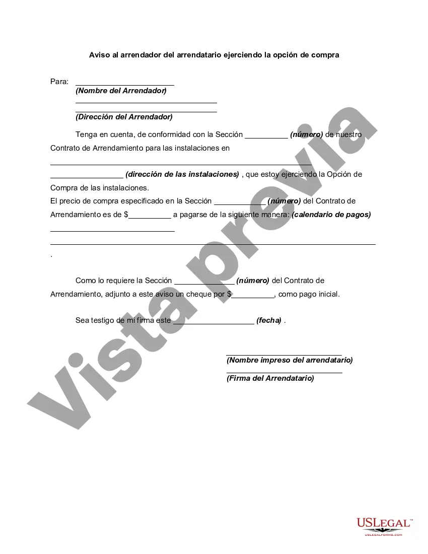 Preview Aviso al arrendador del arrendatario ejerciendo la opción de compra