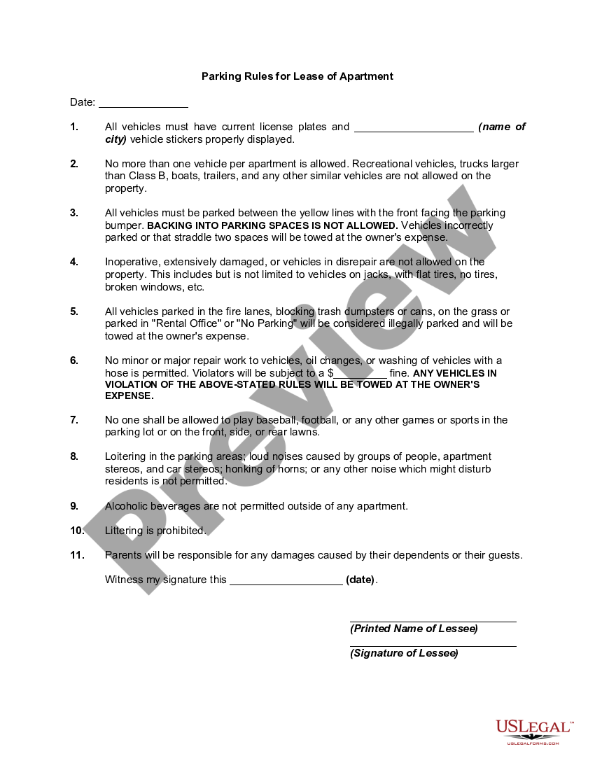 form Parking Rules for Lease of Apartment preview