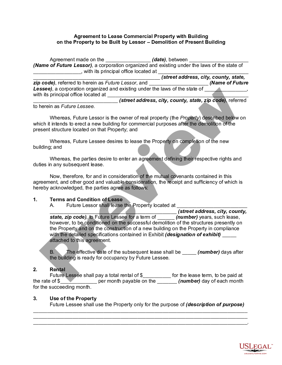 page 0 Agreement to Lease Commercial Property with Building on the Property to be Built by Lessor Demolition of Present Building preview