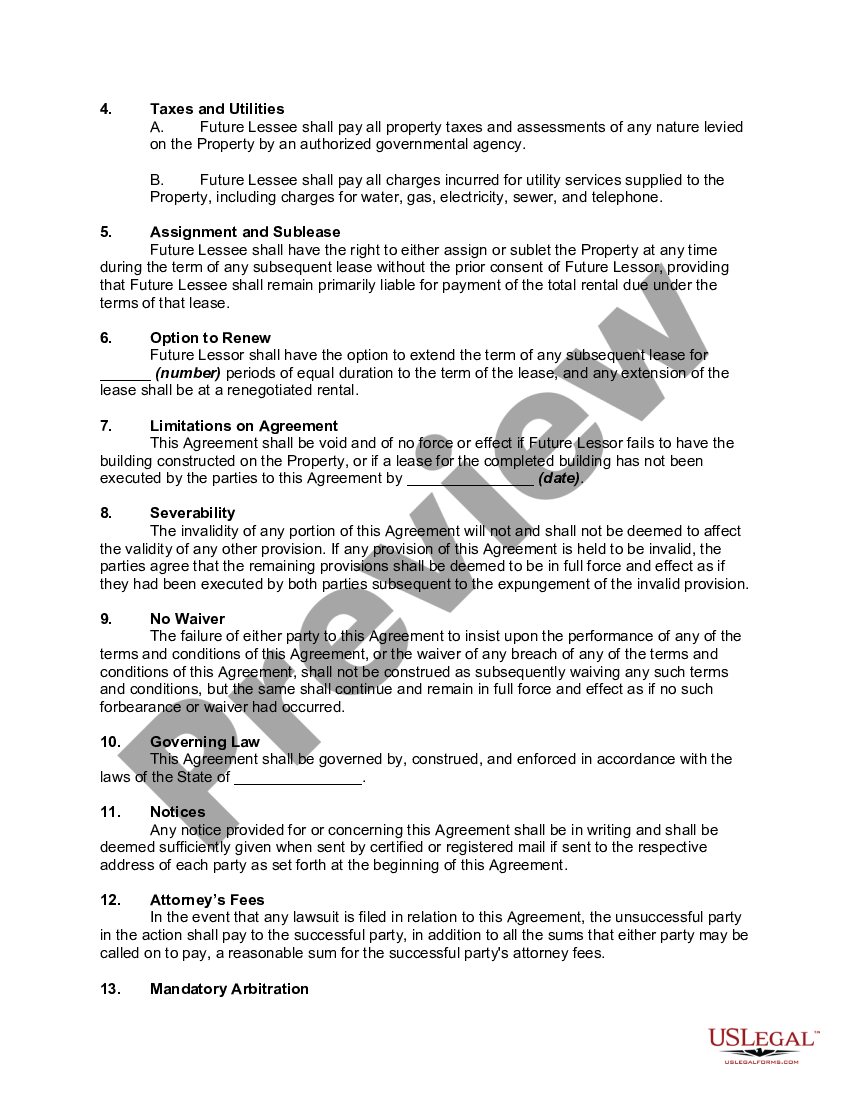 page 1 Agreement to Lease Commercial Property with Building on the Property to be Built by Lessor Demolition of Present Building preview