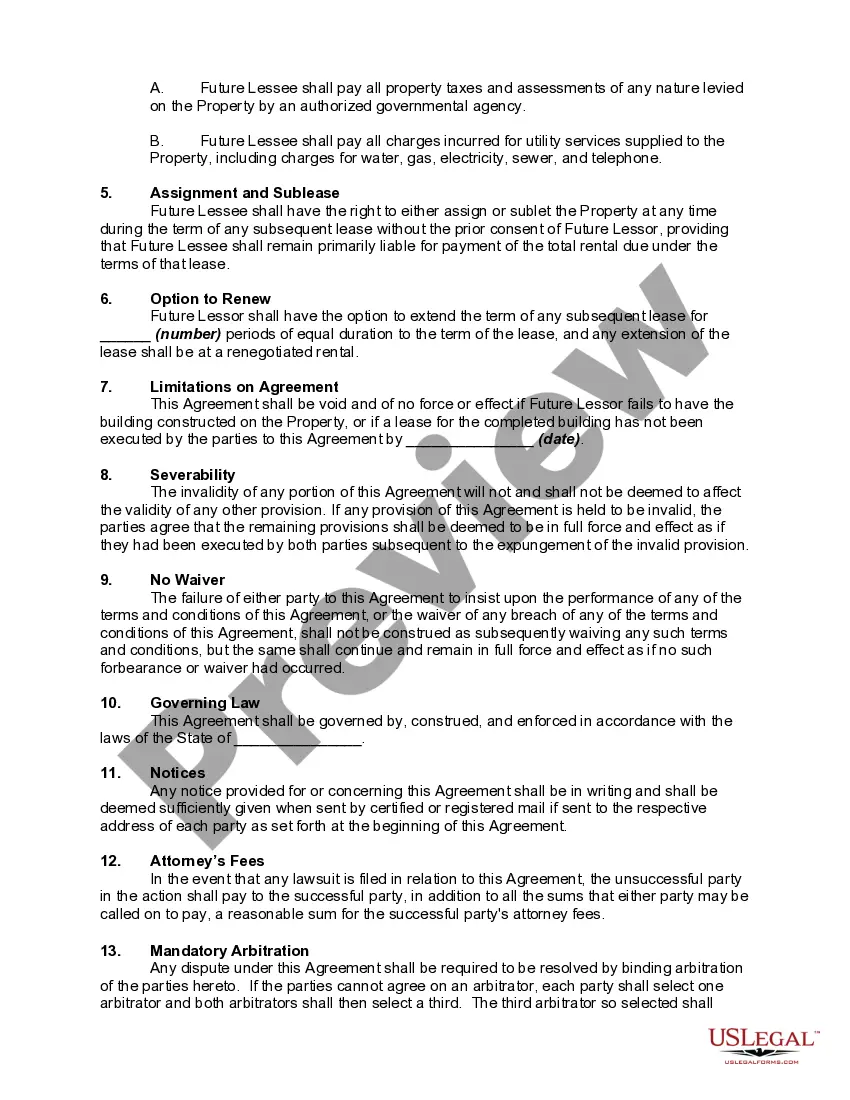Preview Agreement to Lease Commercial Property with Building on the Property to be Built by Lessor Demolition of Present Building