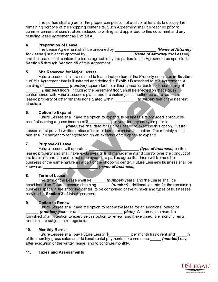 Preview Agreement to Lease to Tenant in Future Shopping Center