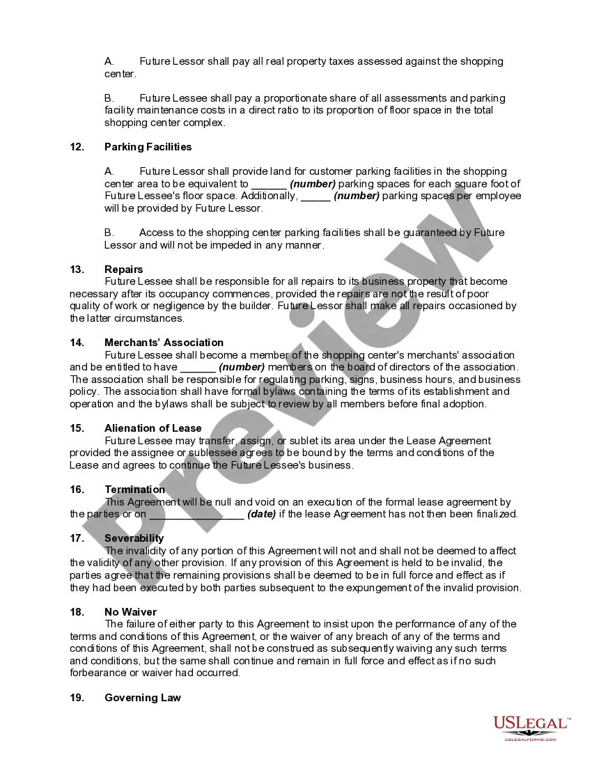 Preview Agreement to Lease to Tenant in Future Shopping Center