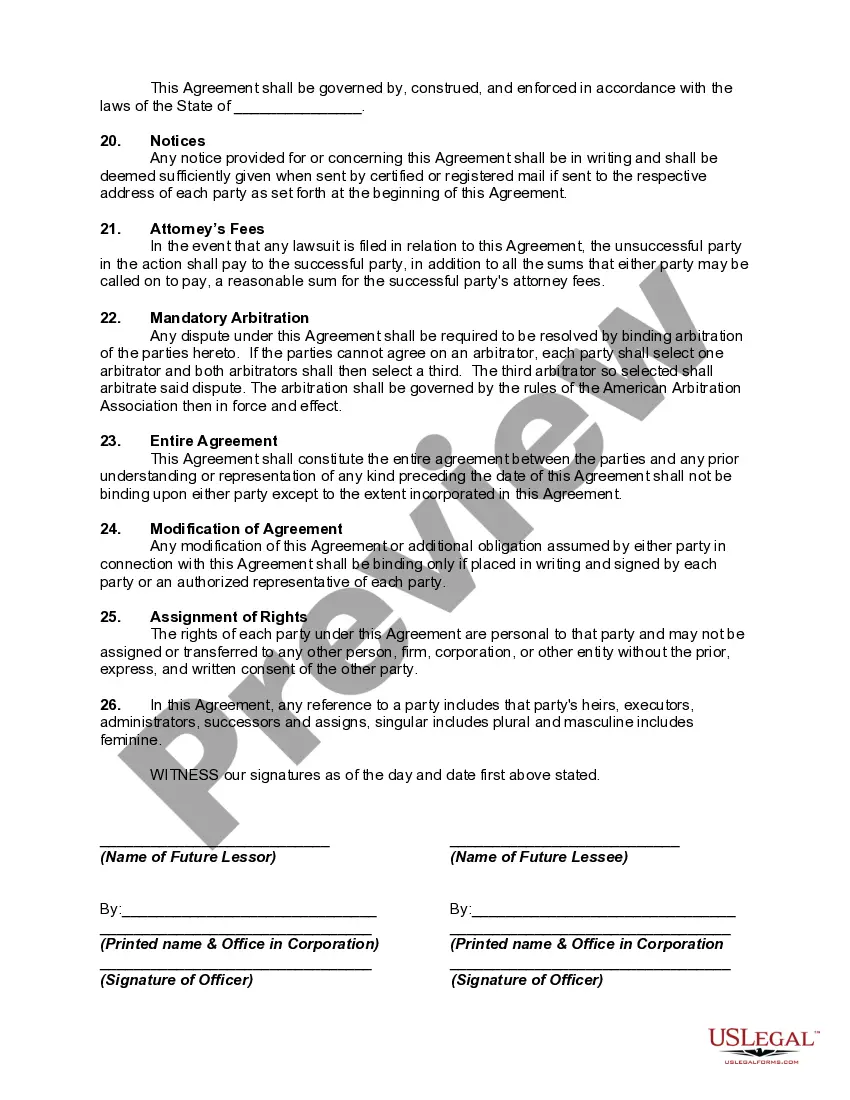 Preview Agreement to Lease to Tenant in Future Shopping Center