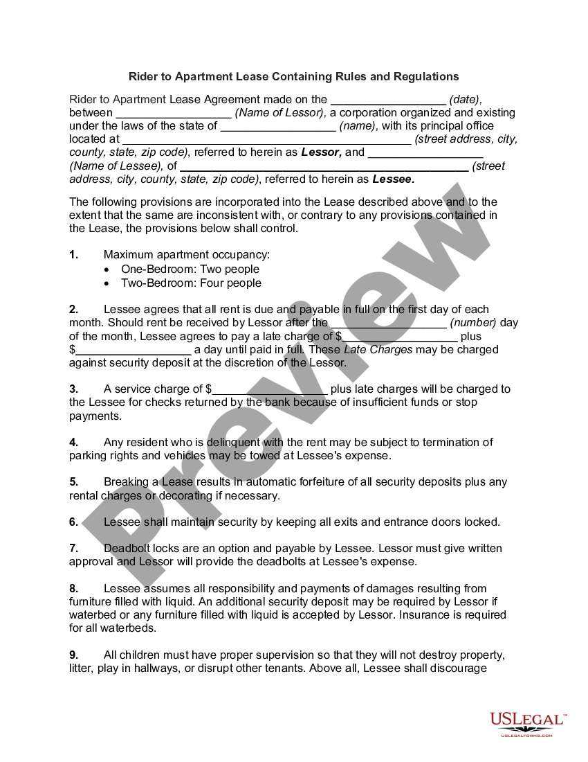 Rider To Lease Of Apartment With Rules And Regulations | US Legal Forms