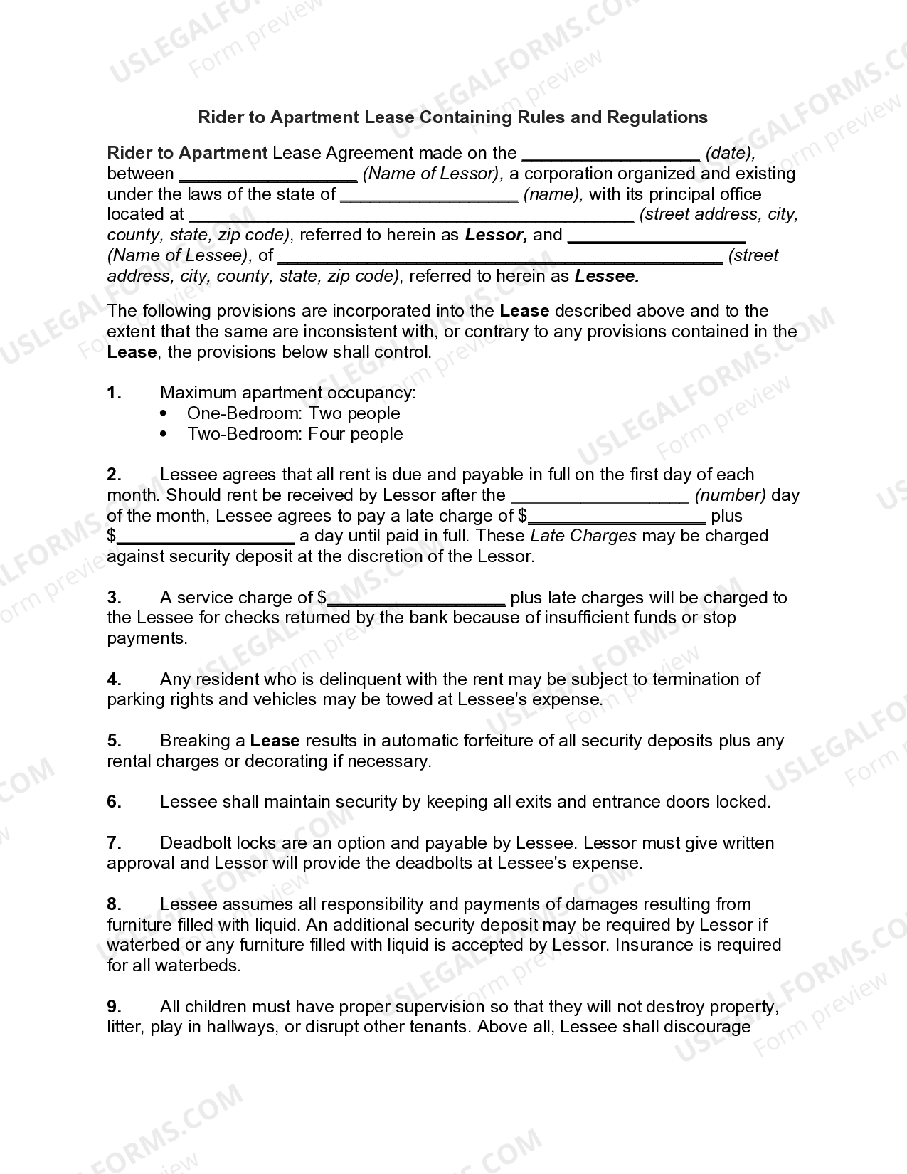 Rider to Lease of Apartment with Rules and Regulations US Legal Forms