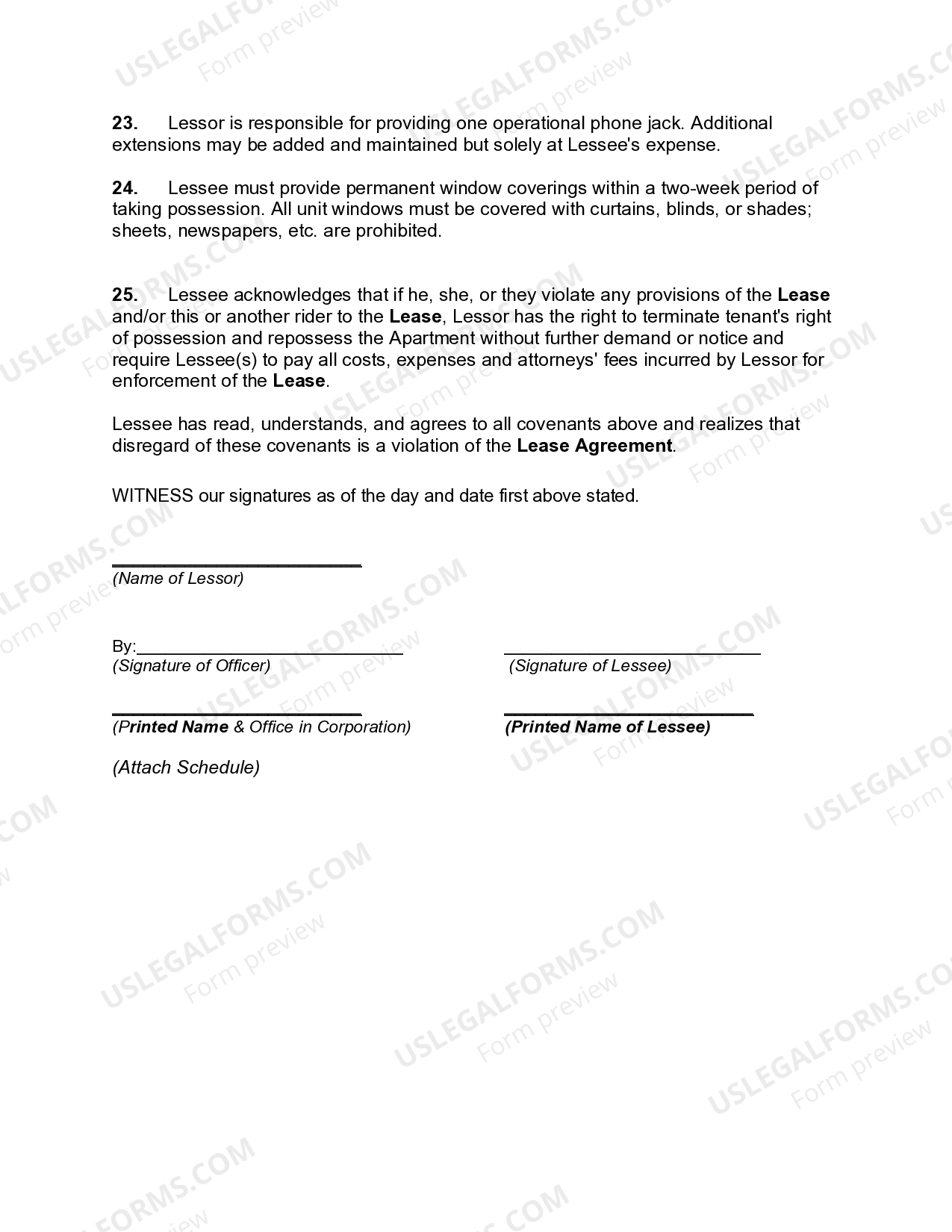 Rider to Lease of Apartment with Rules and Regulations US Legal Forms