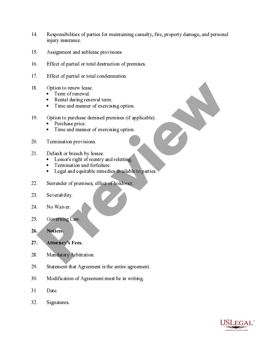 Get Checklist of Matters to be Considered in Drafting a Lease of a Commercial Building Preview Checklist of Matters to be Considered in Drafting a Lease of a Commercial Building