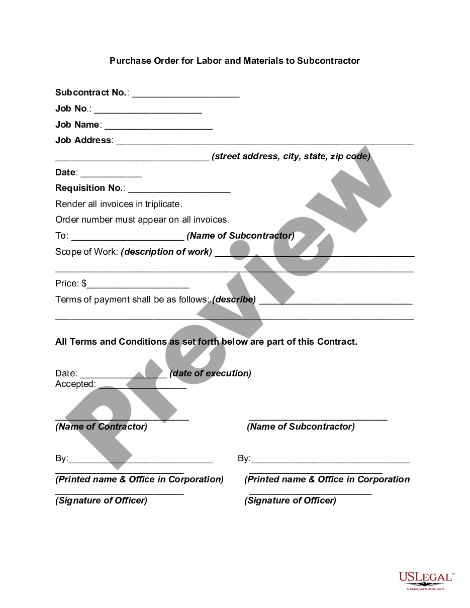 page 0 Purchase Order for Labor and Materials to Subcontractor preview