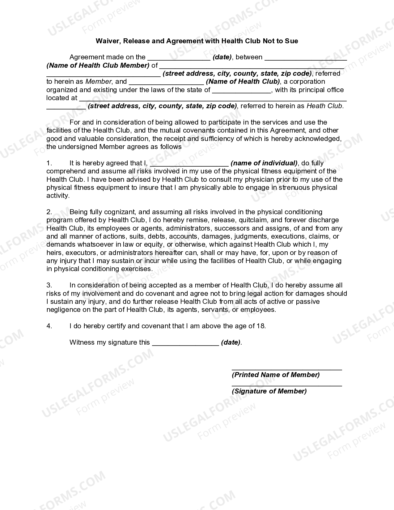 New Mexico Waiver, Release and Agreement with Health Club Not to Sue