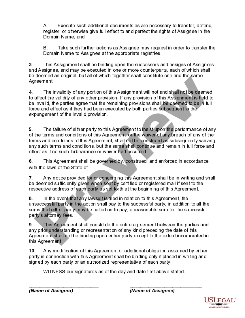 Preview Assignment of Domain Name along with an Asset Purchase Agreement