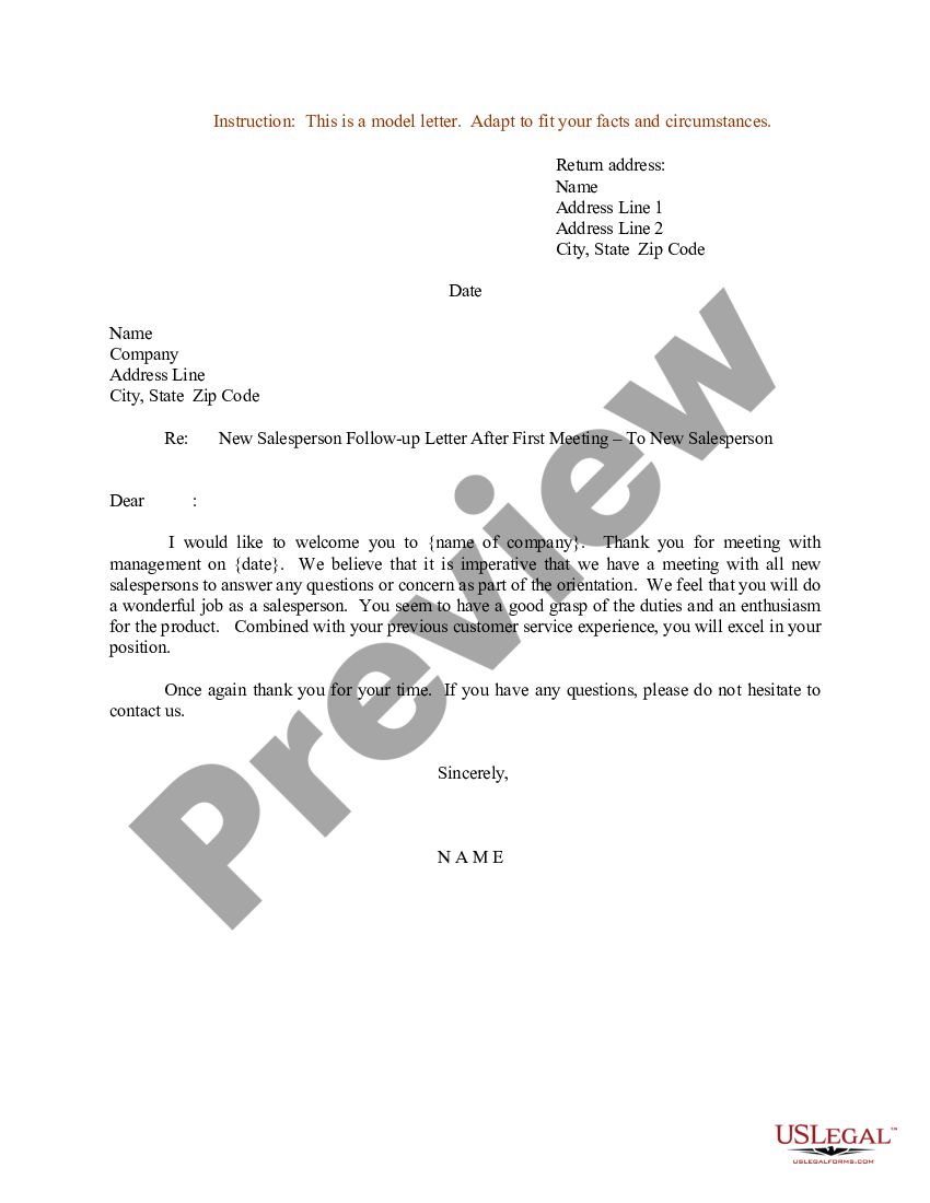 form Sample Letter for New Salesperson Follow-up Letter After First Meeting - To New Salesperson preview