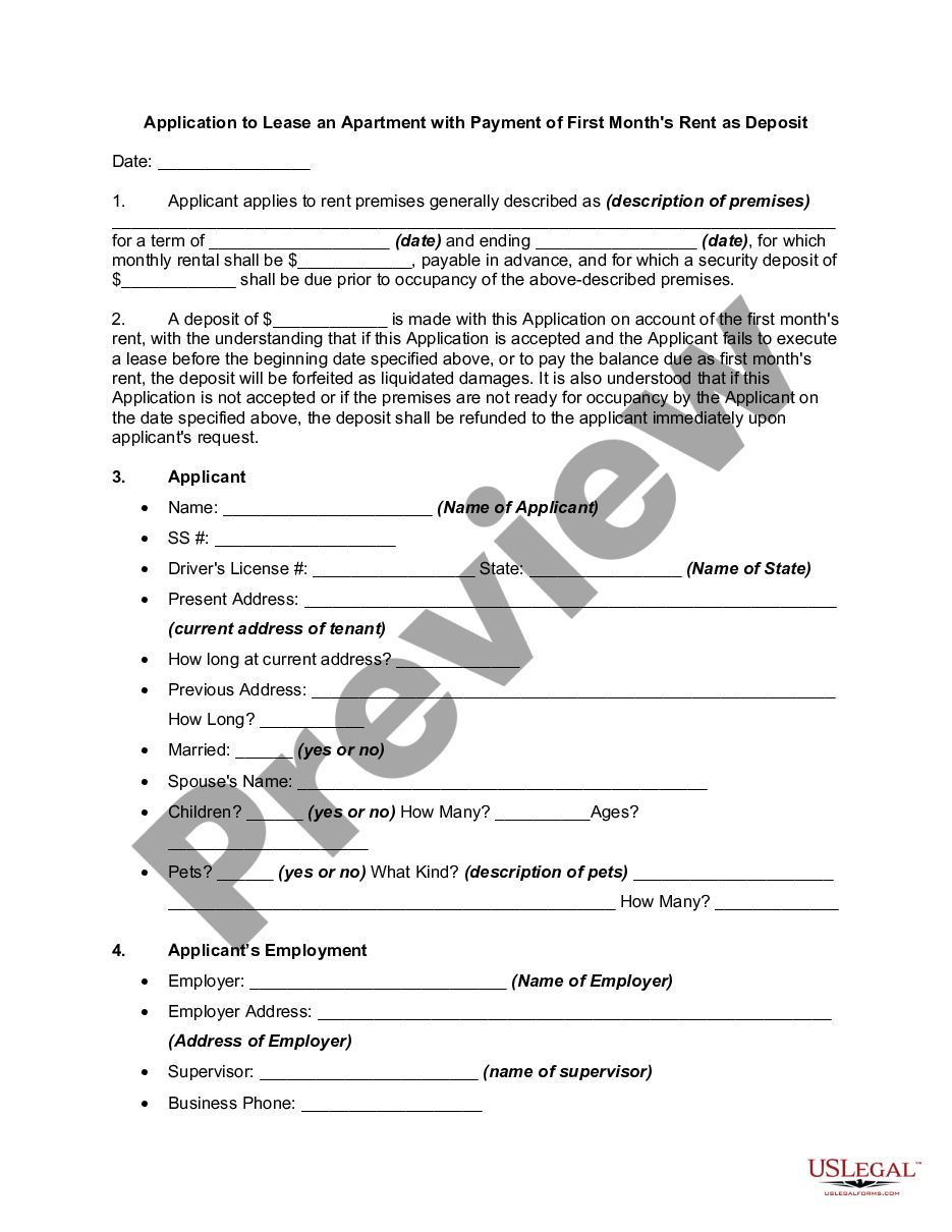 page 0 Application to Lease an Apartment with Payment of First Month's Rent as Deposit preview