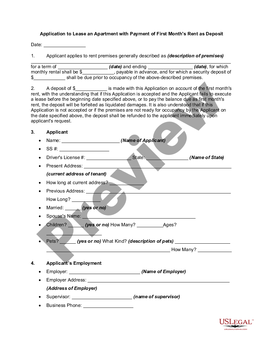 Arkansas Application To Lease An Apartment With Payment Of First Months Rent As Deposit First 1851