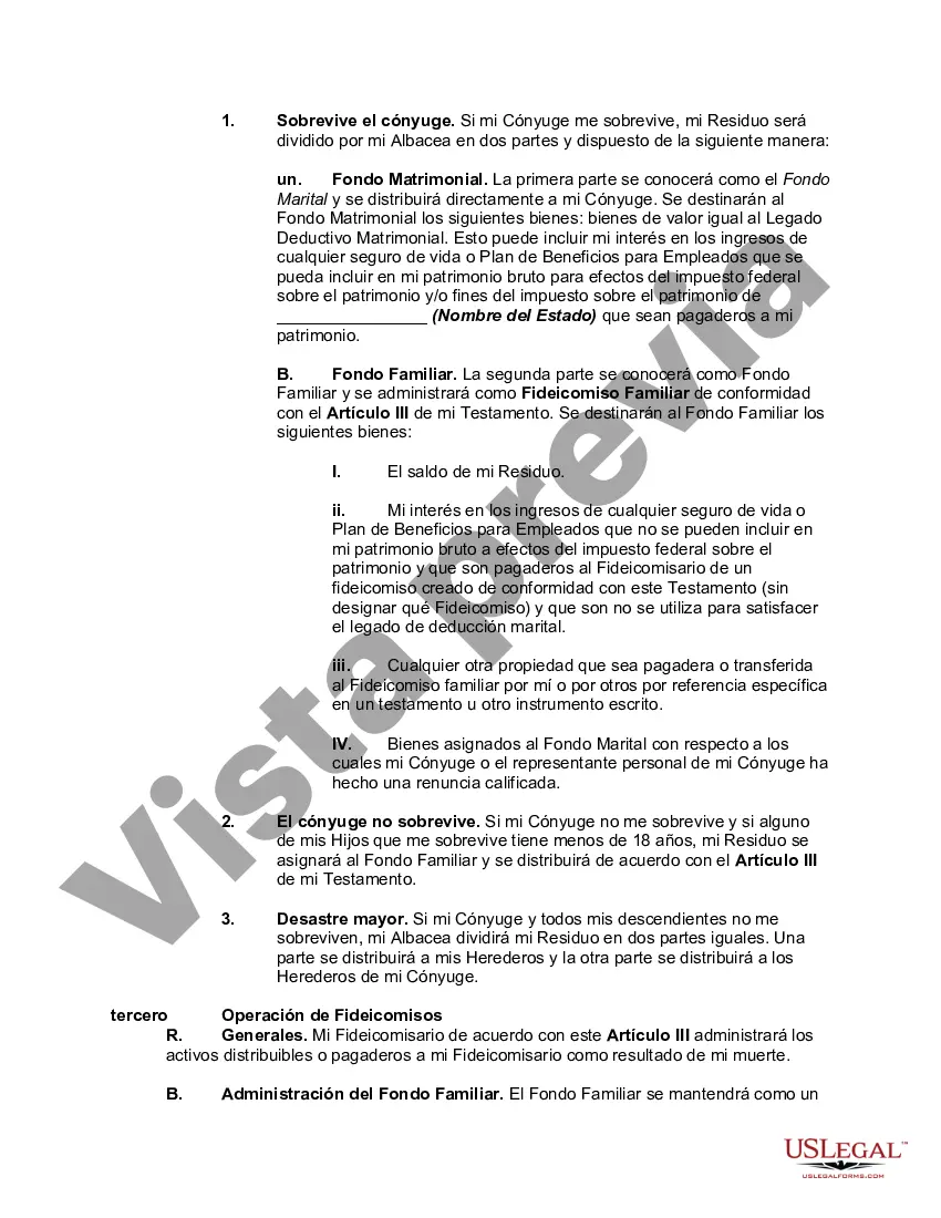 Preview Testamento de persona casada con hijos con un fideicomiso de refugio de crédito para cónyuge