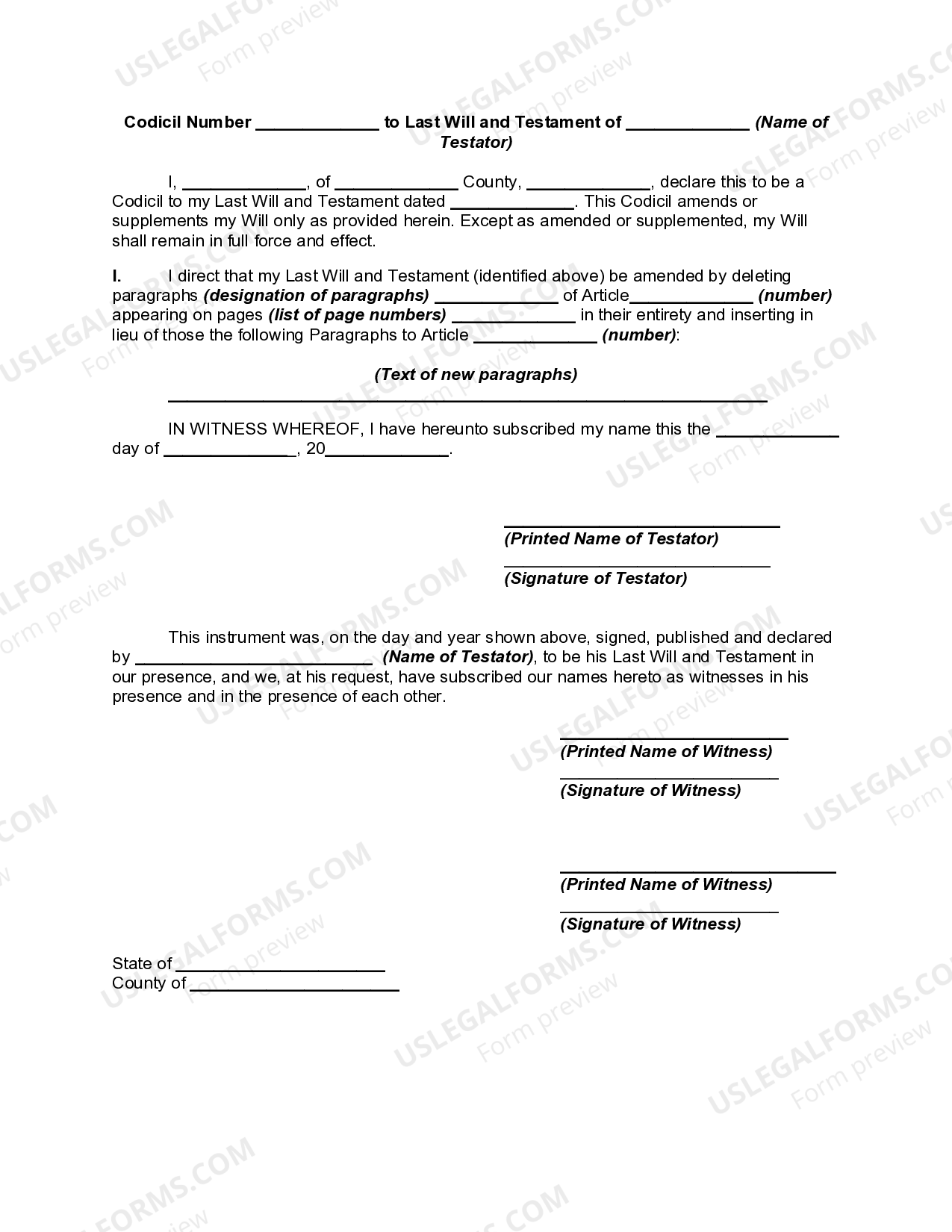 Provision Form Changing Will with Codicil Substituting New Provisions - Will Codicil ...