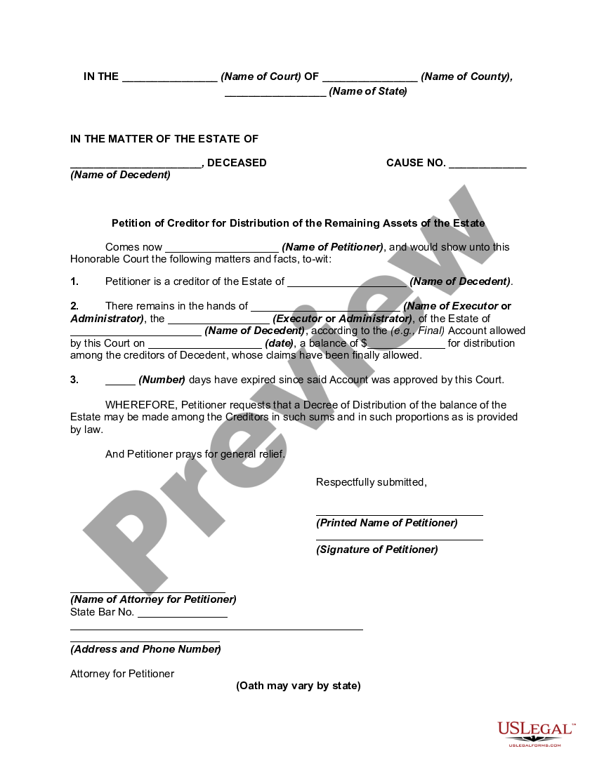 Petition of Creditor of an Estate of a Decedent for Distribution of the ...