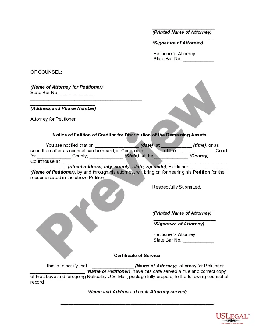 Preview Petition of Creditor of an Estate of a Decedent for Distribution of the Remaining Assets of the Estate